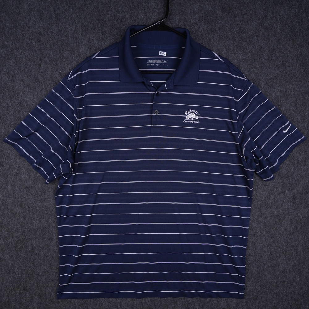 Nike Golf Polo Men XL Navy Blue Excellent Dri-FIT Striped Raintree Country Club